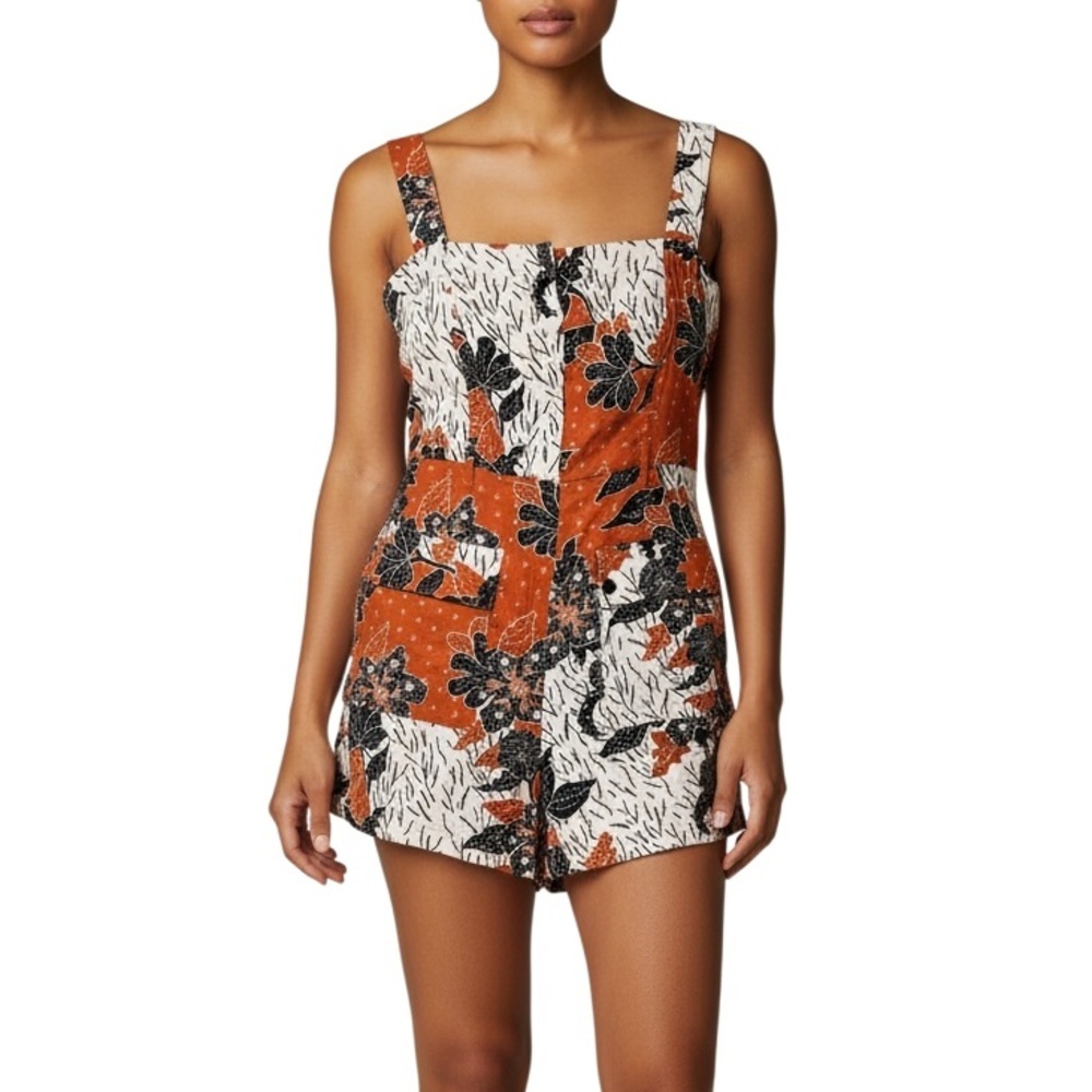 House of Harlow Floral Patchwork Square Neck Short Romper in Rust & Cream